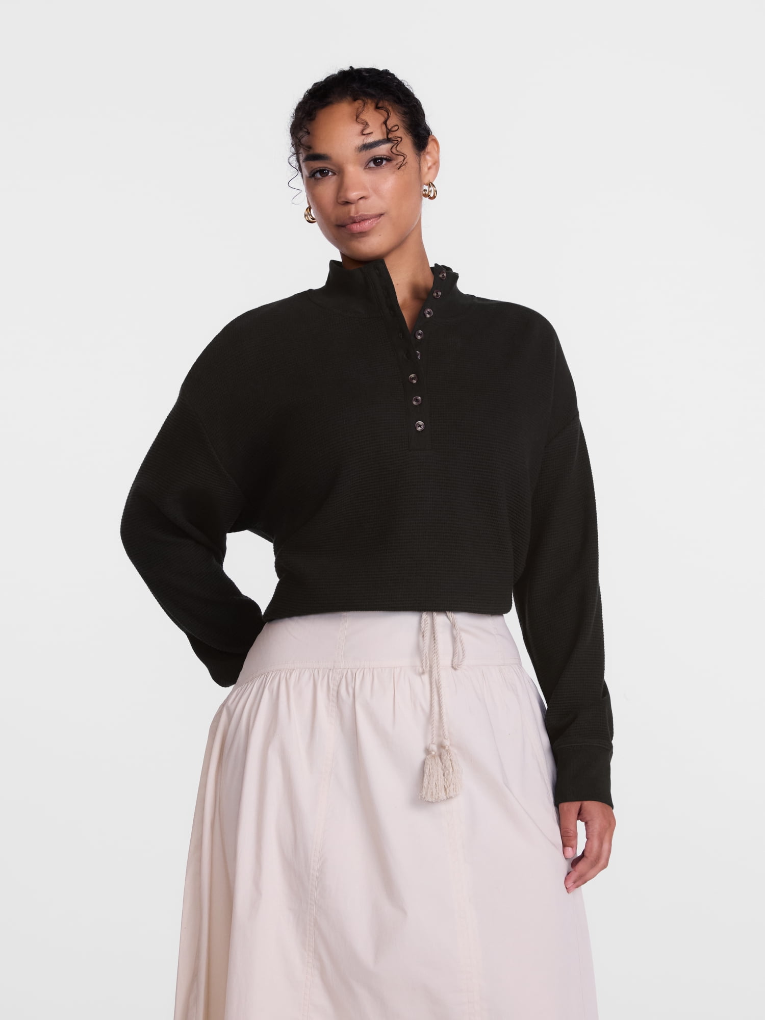 Scenario Women's and Women's Plus Waffle Knit Button Top with Long Sleeves, Sizes XS-4X