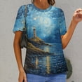 thumbnail image 6 of Lighthouse Sunrise Coast Scenery Pale Blue Tan Women's T-Shirt Short Sleeve T Shirts Tops Tee Ladies Loose T, 6 of 6