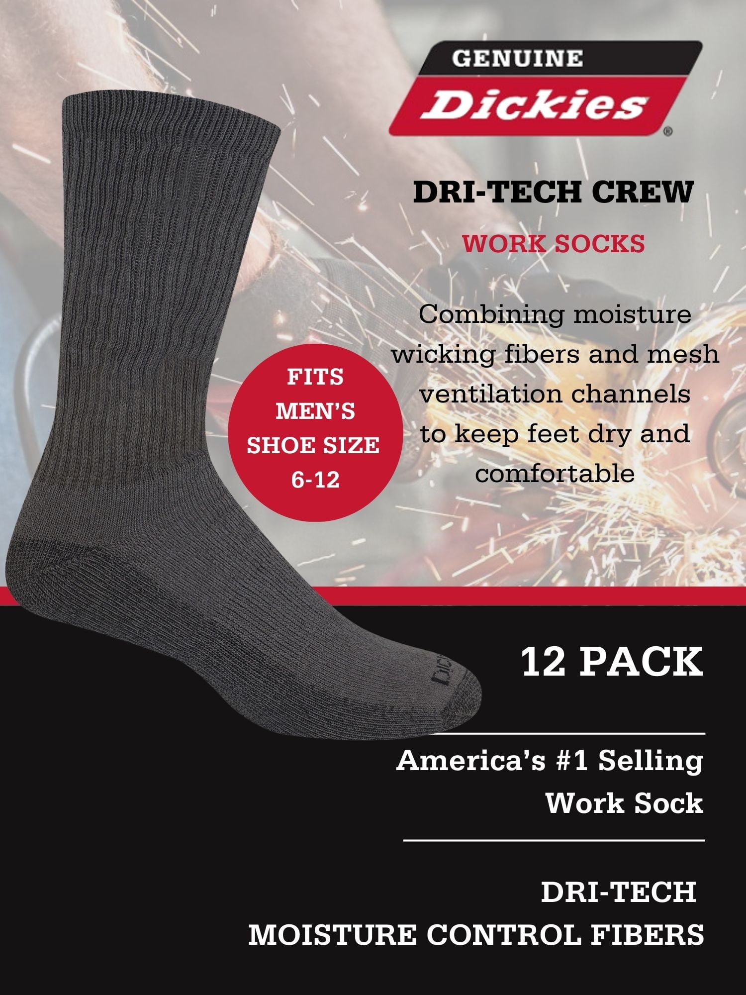 Dickies Men's Dri-Tech Crew Sock, 6 Pack Charcoal Size 6-12