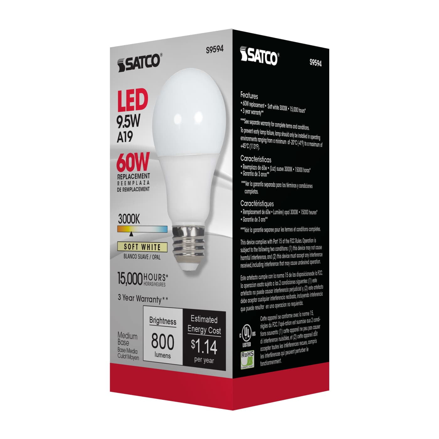 SATCO S9594 - 9.5 Watt A19 LED Frosted Light Bulbs - 3000K (6 Pack)