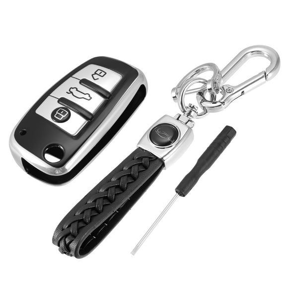 Vehicle Key Fob Cover 3 Button Remote Key Fob Case with Keychain Silver Tone for Audi A1 A3 Q3 Q7 R8 A6L RS6 TT