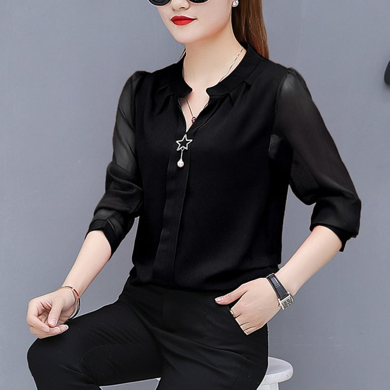 ZXHACSJ Fashion Women Solid Long Sleeve Chiffon V Neck Work Shirt Top  Blouse Black S
