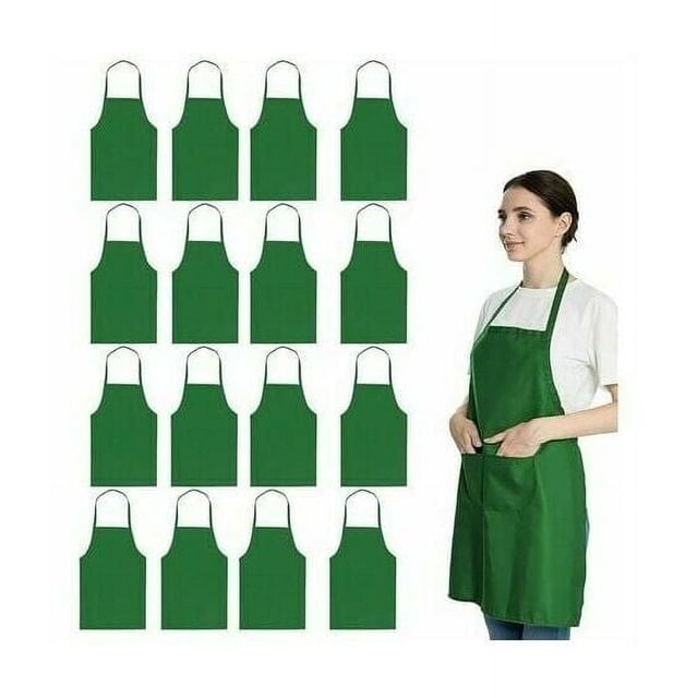 Green Aprons Bulk for Party, Durable Comfortable Bib Apron with 2 Front Pockets for Easy Storage, Perfect Unisex Apron for Cooking Crafting (16 Pieces)
