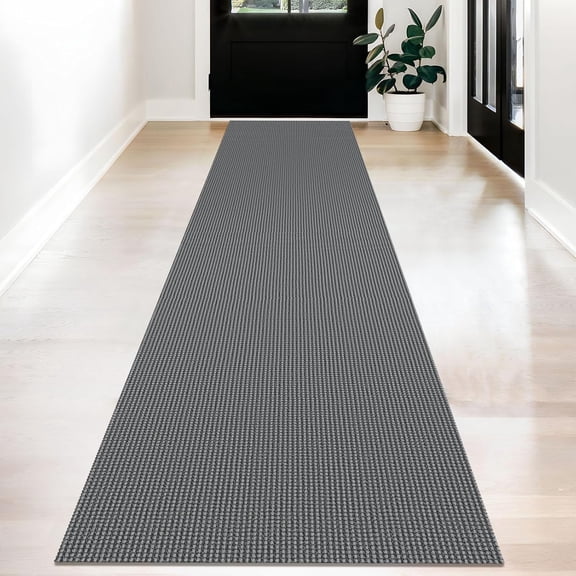 Long Washable Runner Rugs 2x12 ft, Non-Slip Rubber Backed, Cotton Indoor Floor Carpet for Hallway, Kitchen & Backdoor, Grey & Dark Grey