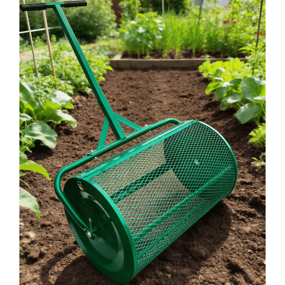 24" Metal Compost & Peat Moss Spreader Roller, Walk-Behind Lawn Top Dresser for Soil, Mulch & Fertilizer