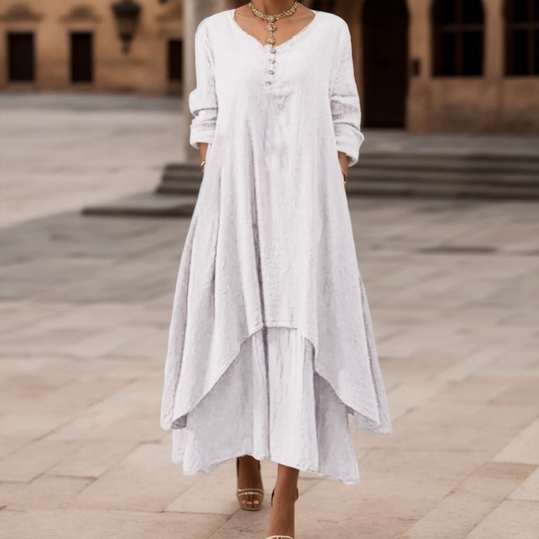 Fshinging Women Dresses Irregular Solid Long Sleeve Long Casual Loose O  Neck Graduation Dress - Walmart.com