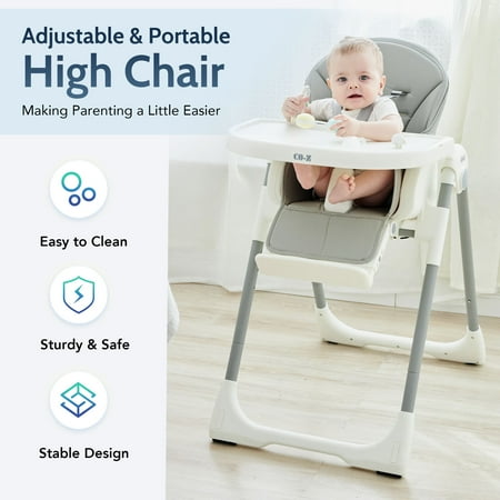 CO-Z Portable High Chair for Babies and Toddlers 6-36 Months Old, Folding Kids Chair with Adjustable Backrest, Footrest, Tray, and Seat Height, Detachable Leather Cushion, Built-in Rear Wheels, Gray
