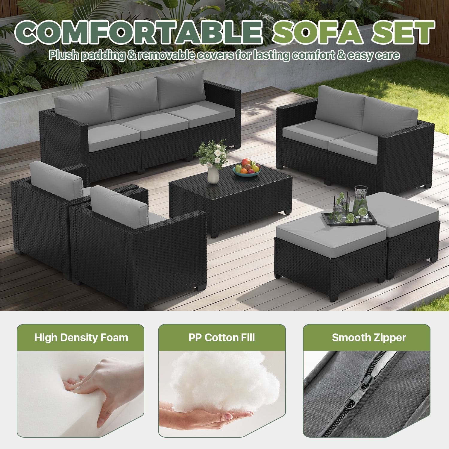 BaPiPro 7-Piece Gray PE Rattan Outdoor Sectional Sofa Set, Patio Furniture with Storage Table, Convertible Ottomans & Weather Resistant Cushions for Backyard & Poolside