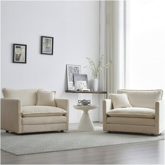 JERFIT Accent Chairs Set of 2, Beige Chenille Upholstered Armchairs with Pillows for Living Room, Bedroom, Office