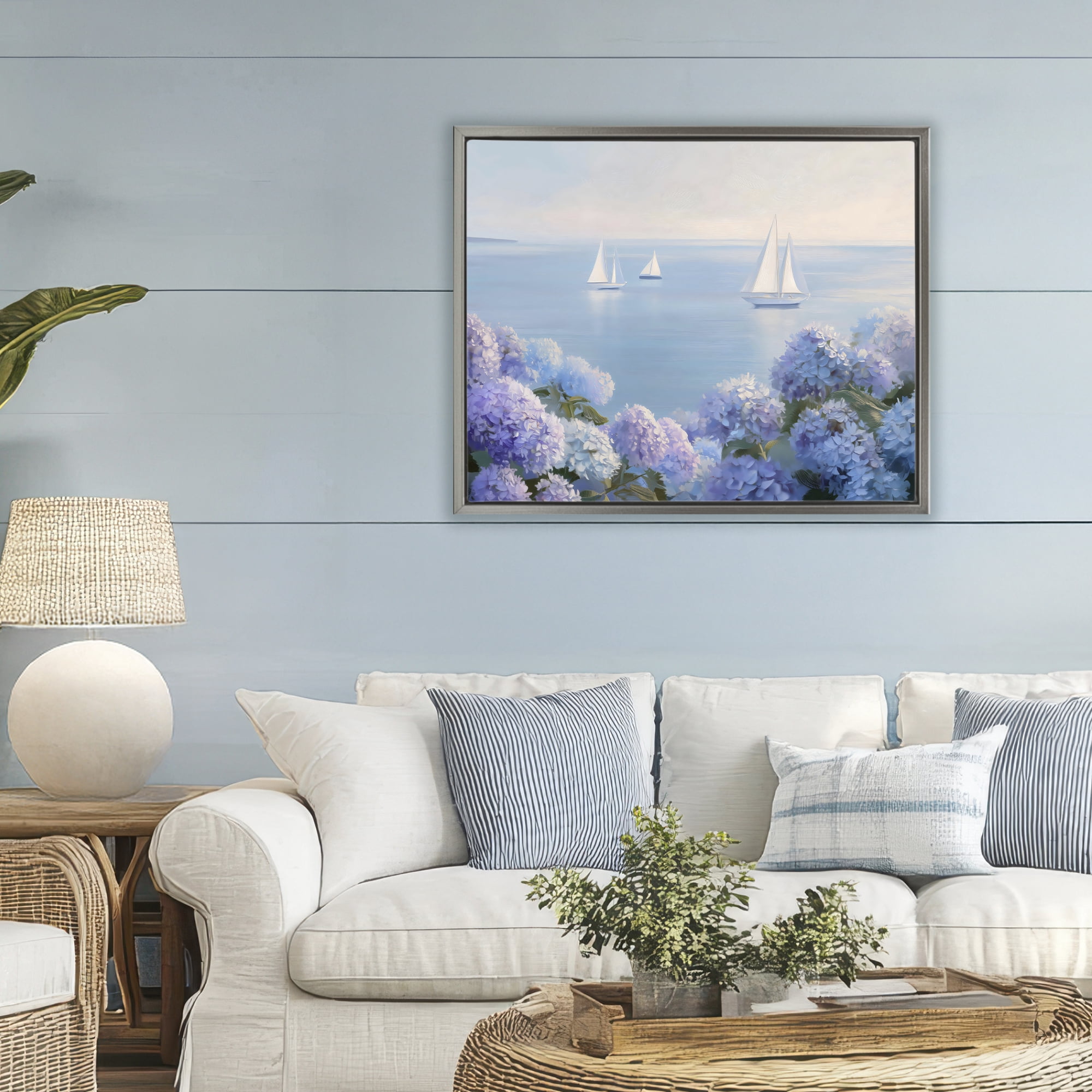Stupell Industries Sailboats & Hydrangeas at Sea Gray Framed Floater Canvas Wall Art, design by LSR Design Studio