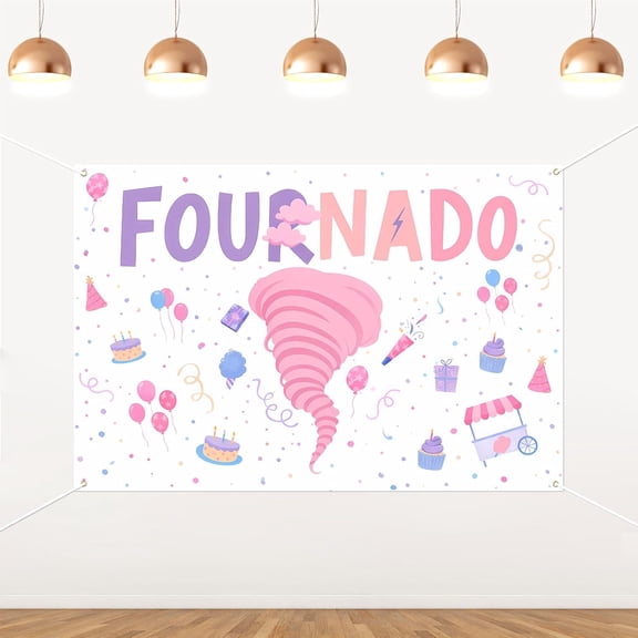 6x4FT Four Nado Birthday Backdrop Pink Storm Tornado 4th Birthday Background for Girls She's a Little Four Nado Birthday Party Decorations Banner Supplies Photo Booth Props