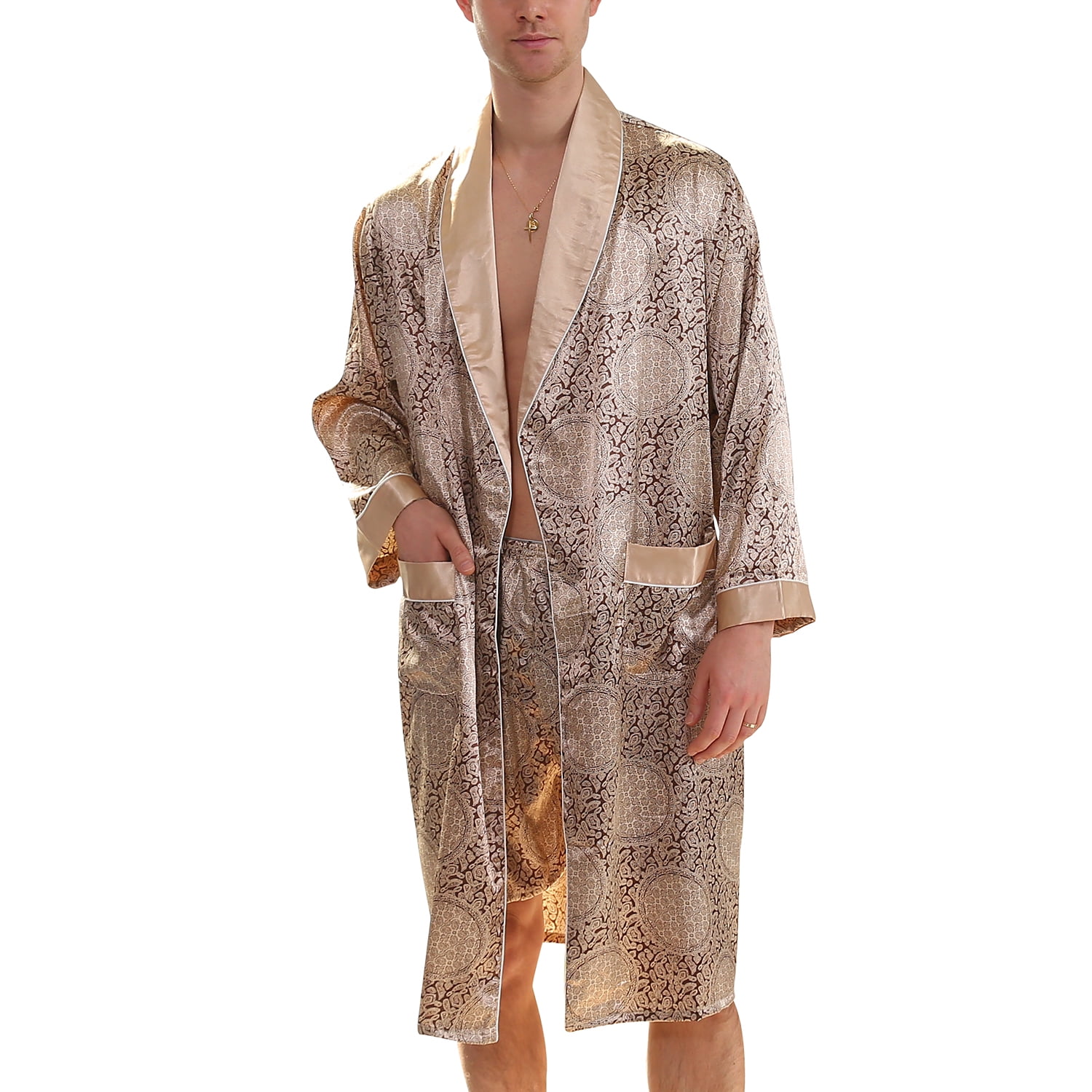 Lu's Chic Men's Satin Pajama Set Silk Bathrobe Shorts Long Sleeves