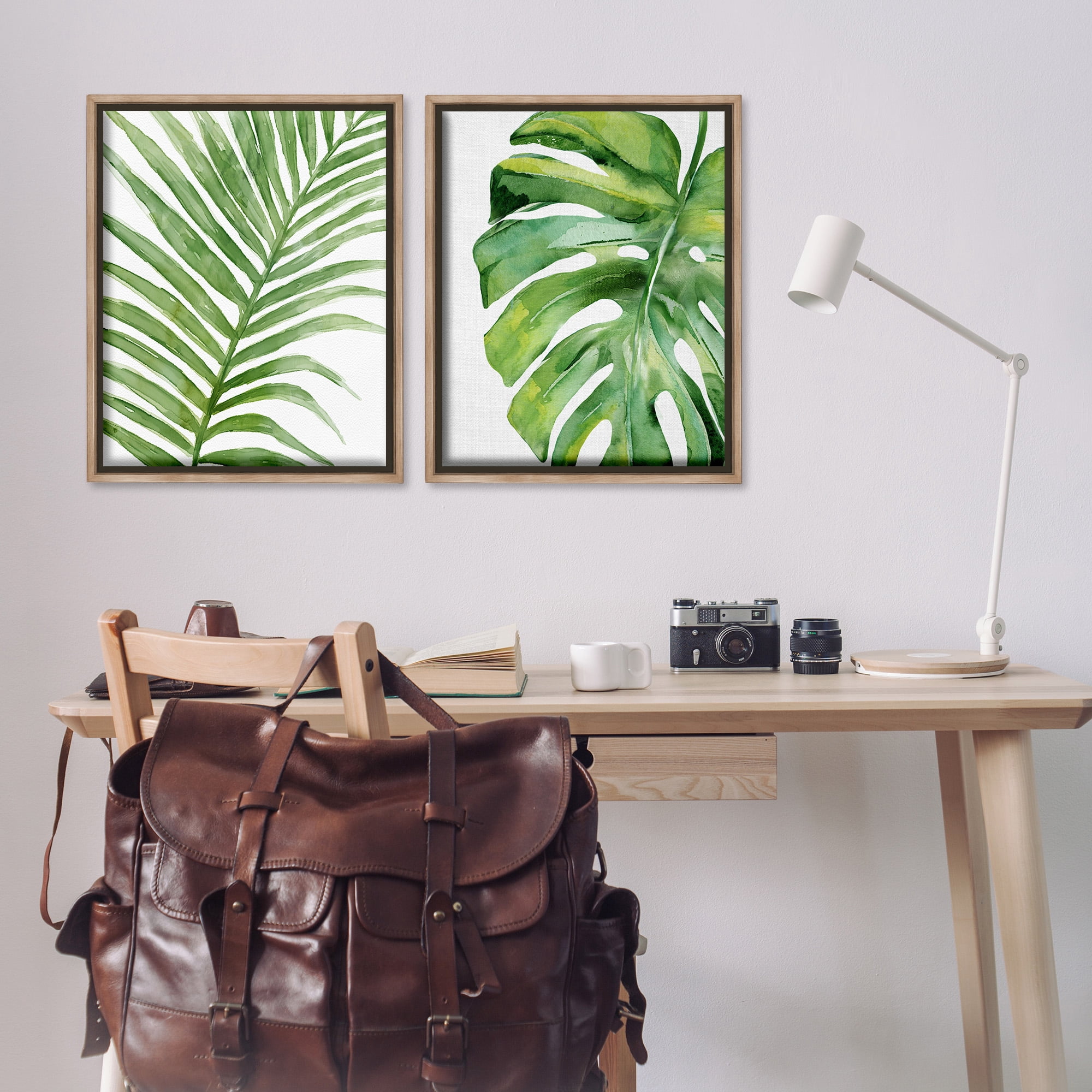 Stupell Industries Minimal Tropical Green Palms Botanical & Floral Painting Brown Floater Framed Canvas Art Print Wall Art, 25 x 31, Set of 2