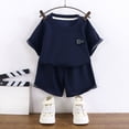 thumbnail image 2 of CAICJ98 Toddler Kid Boy's Casual 2 Piece Outfit Letter Patched Round Neck Tee Top and Elastic Waist Track Bermuda Shorts (Navy,13-14 Years), 2 of 5