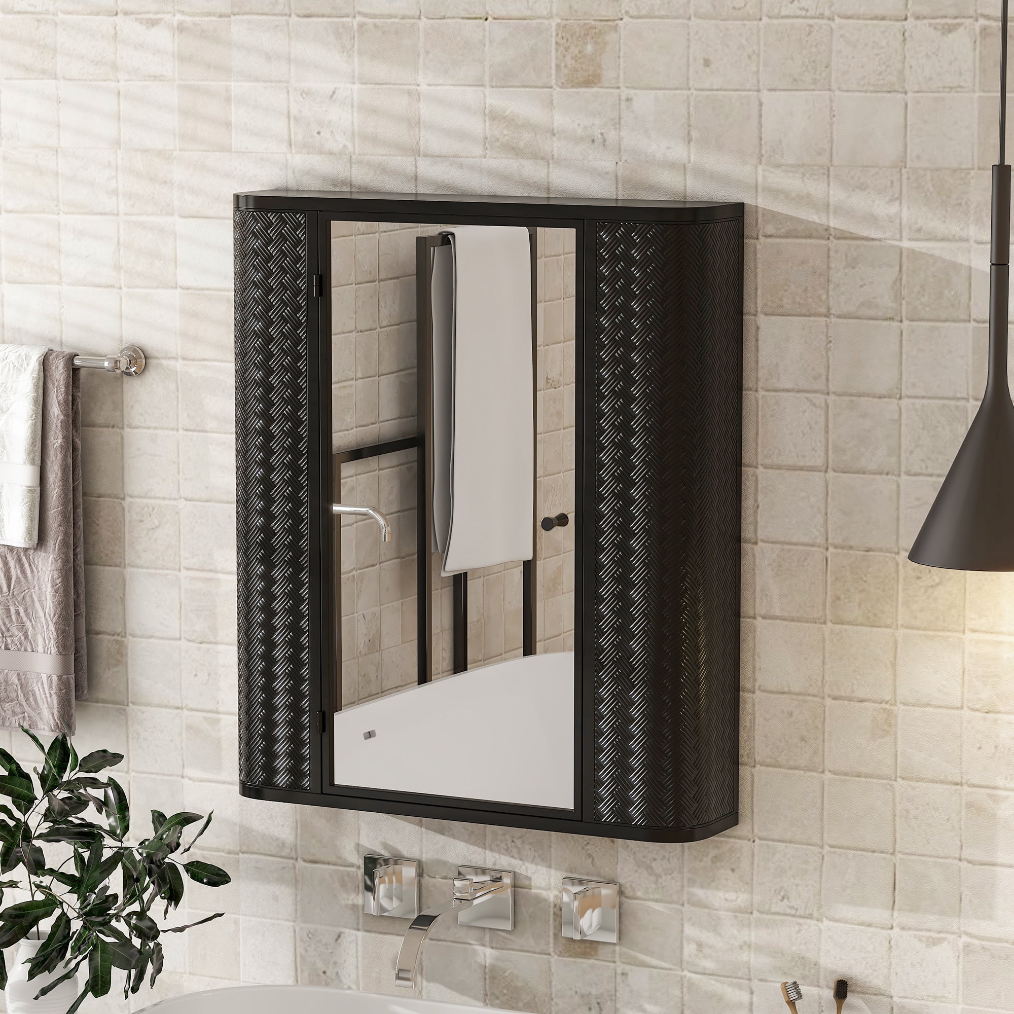 Bathroom Medicine Cabinet Over The Toilet Storage Wall Mounted Mirror Cabinet,&nbsp;with Glass Shelf Open Compartment and Magnetic Closure, Bathroom Organizer Antique Black