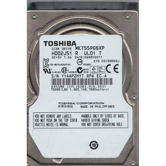 MK7559GSXP, C0/GN003J, HDD2J51 R UL01 T, Toshiba 750GB SATA 2.5 Hard Drive