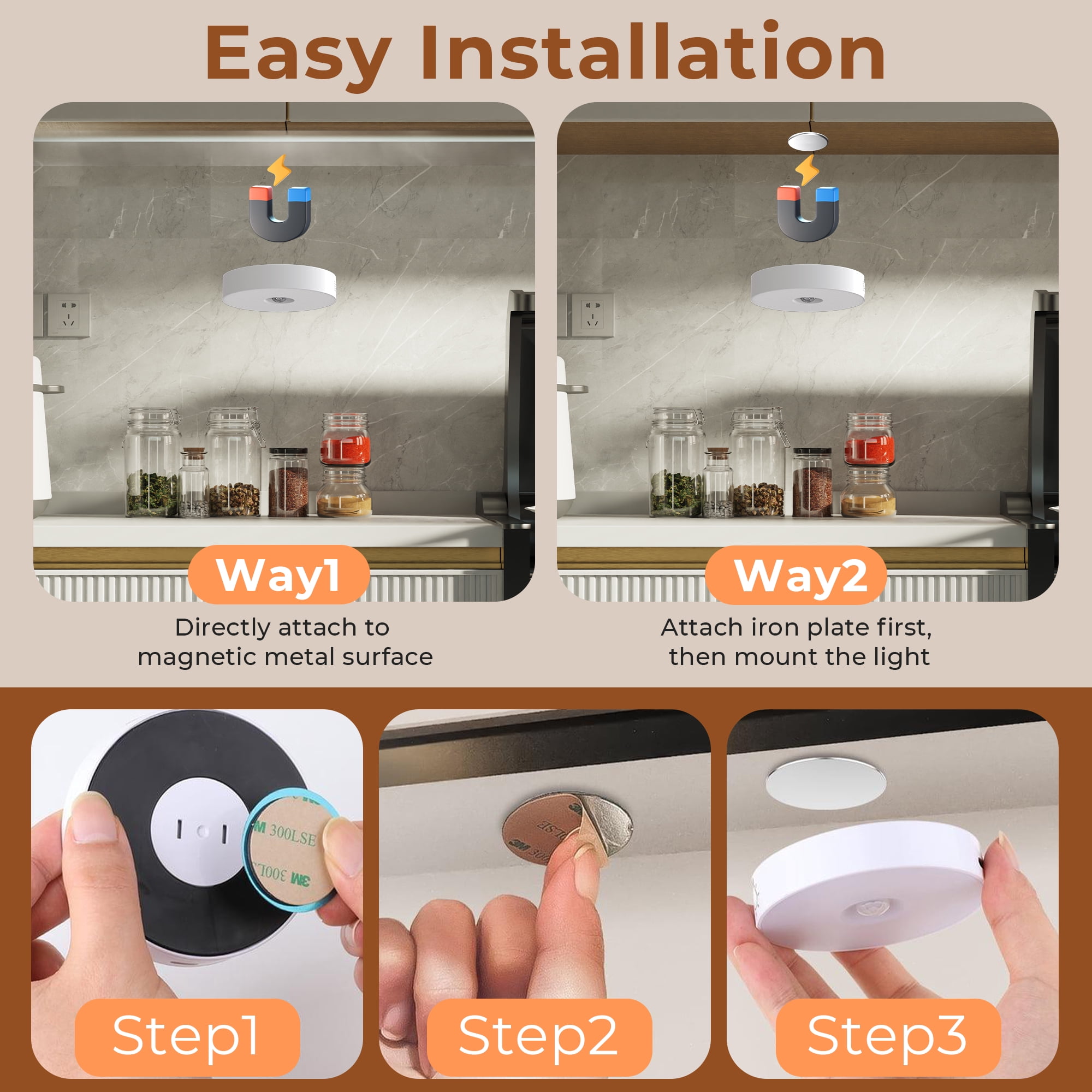 1000mAh Rechargeable Puck Lights with Remote, Motion Sensor Under Cabinet Lighting, 3 Color Temps & 12 RGB Colors, Dimmable Magnetic LED Stick-On Shelf Lights for Kitchen Closet Stairs, 6-Pack