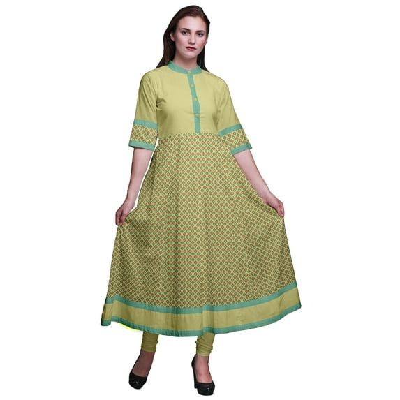 Bimba Yellow Damask Block Print Long Flared A Line Indian Kurtis For Women Party Wear Anarkali Kurta-Small
