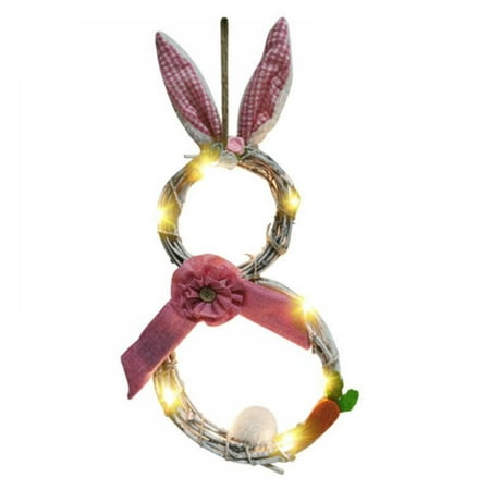 

Easter Decorations Bunny Wreath with LED Lights Handmade Bunny Shaped Spring Wreath Gift Carrot Egg Rabbit Garland for Front Door Easter Rattan Wreaths Pendant Decor