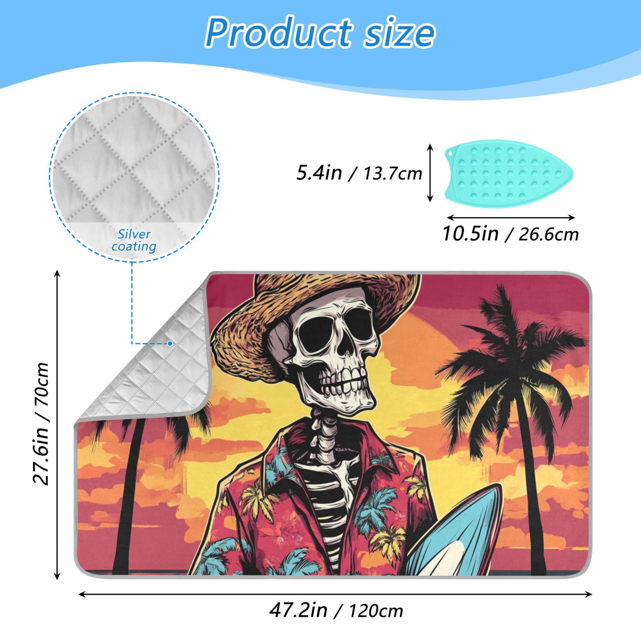 Skeleton with Surfboard on Sunset Beach Ironing Mat Blanket Portable Travel Ironing Pad Heat Resistant Pad 47.2" x 27.6”