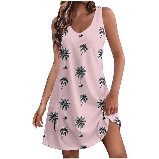 Dvprdro Robe Débardeur d'Été pour Femmes Mode Imprimé Floral Col en V Sans Manches Fluide Ligne Décontractée Ample Plage Soleil Mini Robe avec Poches