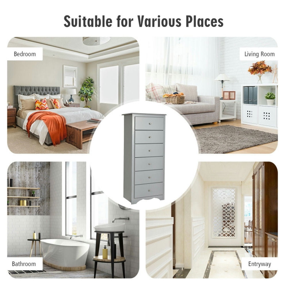 Finihen Storage Cabinet, Bathroom Floor Cabinet, 6 Drawers Chest Dresser Clothes Storage Bedroom Furniture Cabinet, for Bathroom, Living Room, Bedroom, Gray