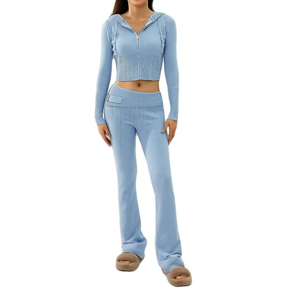 Knitted Co Ord Sets For Women Trousers And Zip Up Hoodie Top Winter Two Piece