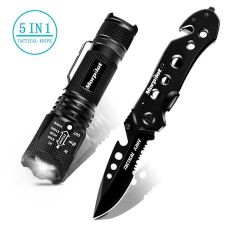 Personal Rescue Light Morpilot Tactical Flashlight Set, Tactical LED Torch, 5 Mode Portable Handheld LED Flashlight, Outdoor Water Resistant Torch for Camping, Hiking, Backpacking, Fishing / Rescue Pocket Knife ()