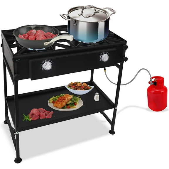 SONRET - Double Burner Propane Camping Gas Stove - with Detachable Legs & Bottom Shelf