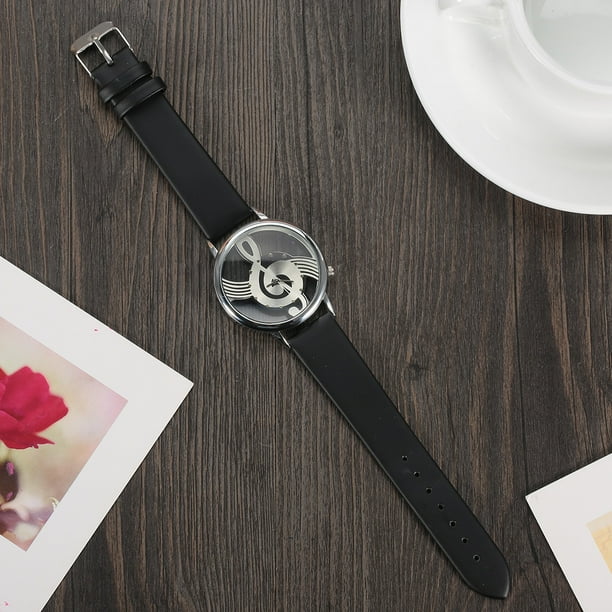 Pareja Reloj Cuarzo Moda Deporte Estilo Analógico Redondo Hueco Nota musical Dial PU Correa Reloj de pulsera Regalo para su persona especial 2 colores (Negro / blanco)(13*4*2cm-Negro) Ecomeon no