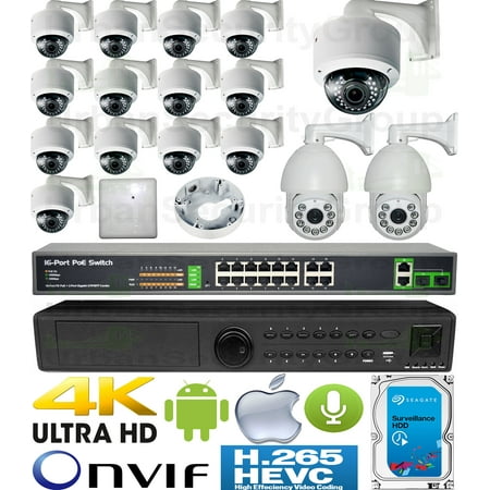 USG 5MP 16 Camera H.265 HD PoE IP CCTV Kit : 1x 24 Channel Ultra 4K NVR + 14x 2MP Dome Cameras + 2x Sony DSP 5MP IP PTZ Camera + 1x PoE Switch + 1x 4TB HD + 4x Microphones: Phone App : 3 YEAR