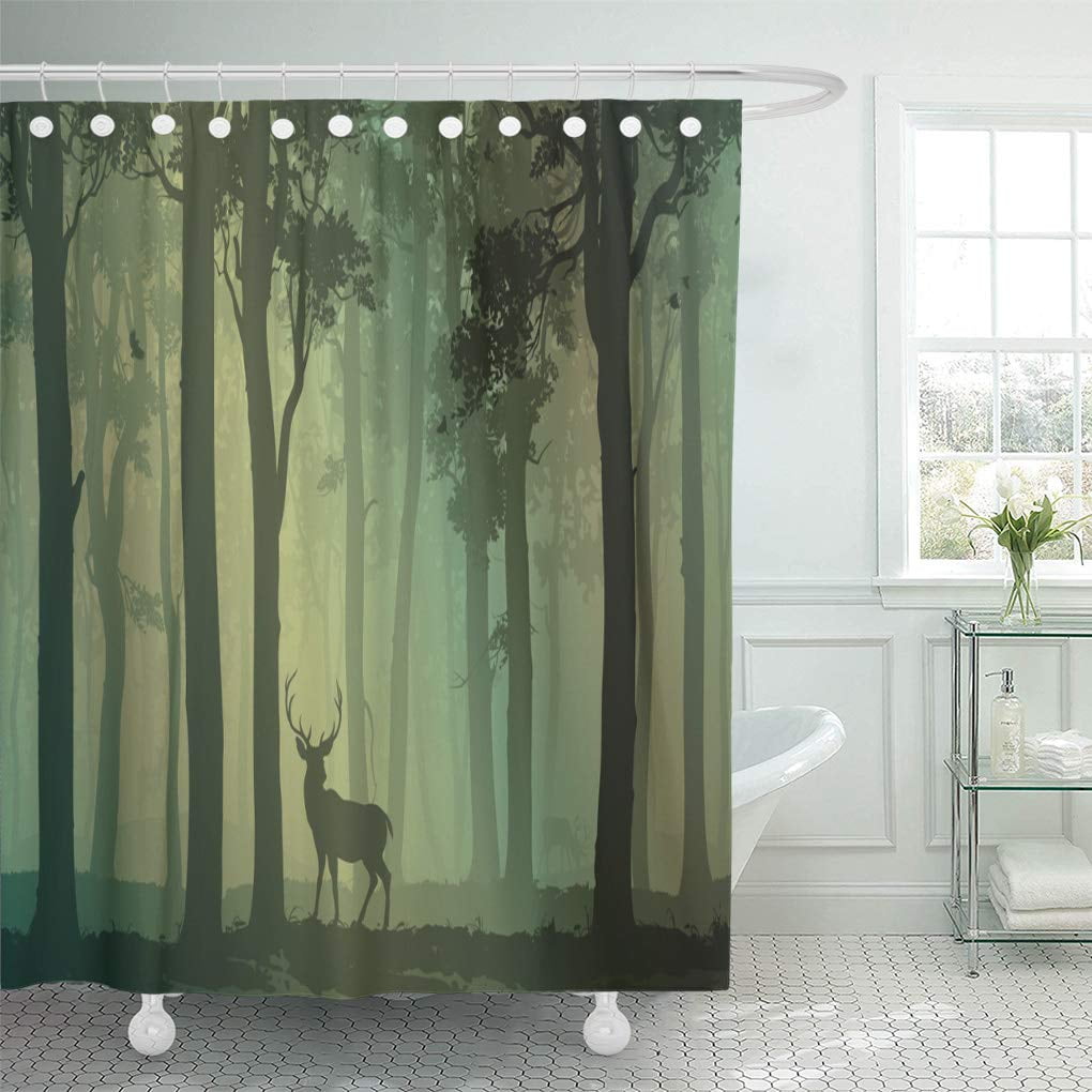 CYNLON Green Woods Deciduous Forest Birds and Deer Hunting Bathroom