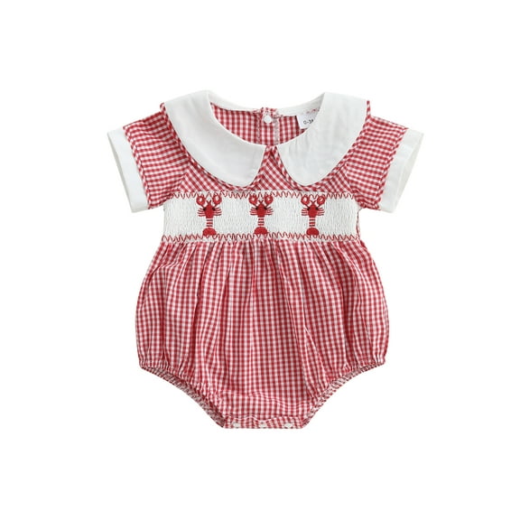 Miaouyo Baby Girls Summer Romper Casual Lobster Embroidery Plaid Doll Collar Short Sleeve Newborn Jumpsuit for Cute Clothes