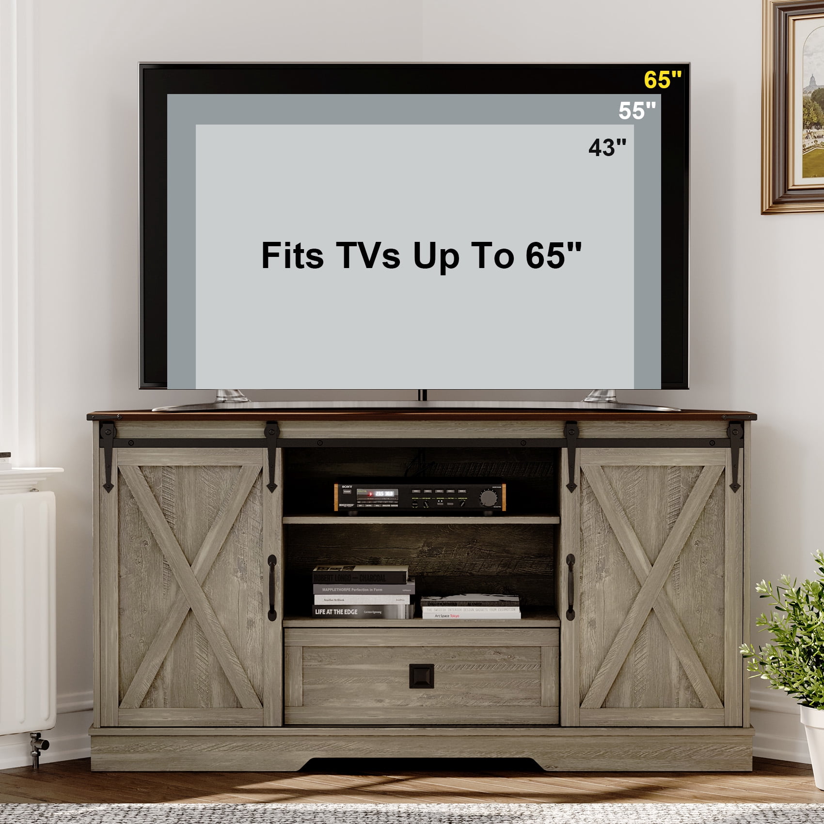 Melidee Farmhouse Television Stand for 65 Inch TV with Sliding Barn Door, Engineered Wood, Gray, 58" W x 15.7" D x 31" H