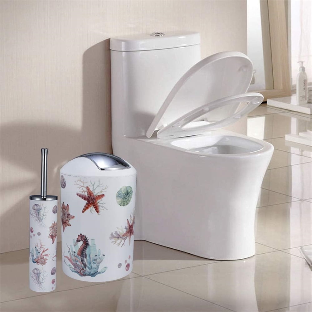 8-Piece Sea Elements Printed Bathroom Accessories Set - With Trash Can, Toilet Brush, Toothbrush Holder, Lotion Soap Dispenser, Soap Dish, Toothbrush Cup, Cotton Swab Holder