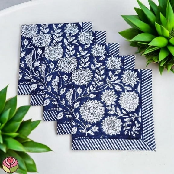 New Era Creation Delft Blue Indian Floral Hand Block Printed Cotton Cloth, Dinner, Wedding Events Home Party, Christmas Napkins Gift for Her