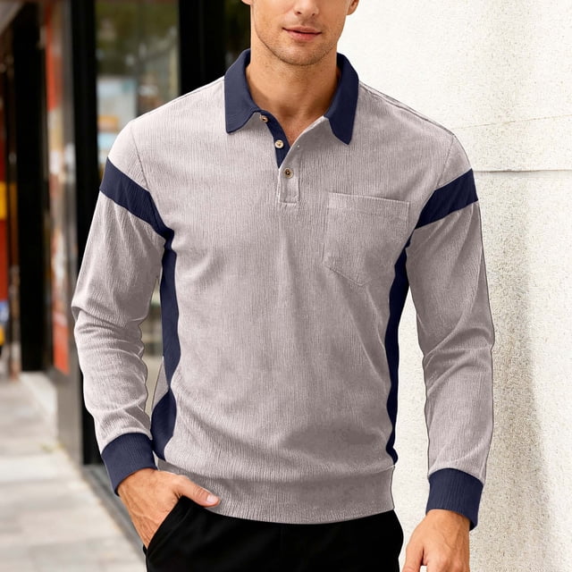 Adult Mens Polo Shirts Long Sleeve Button Tees Shirts Lightweight Gray Men's T-Shirts
