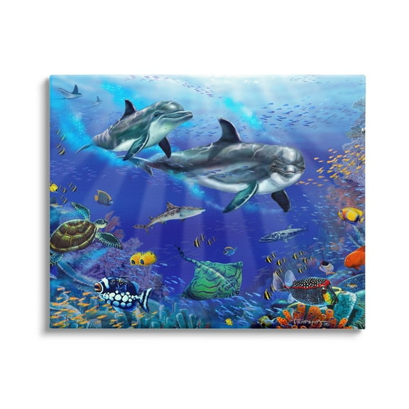 Stupell Industries Underwater Sea Life Scene Dolphins Coastal Painting Gallery Wrapped Canvas Print Wall Art