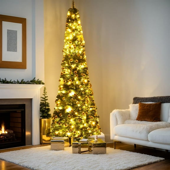 Topcobe 9ft Christmas Tree, Slim Pencil Design, Space-Saving for Corners, 1500 Realistic PVC Flocked Branches, Holiday Decor