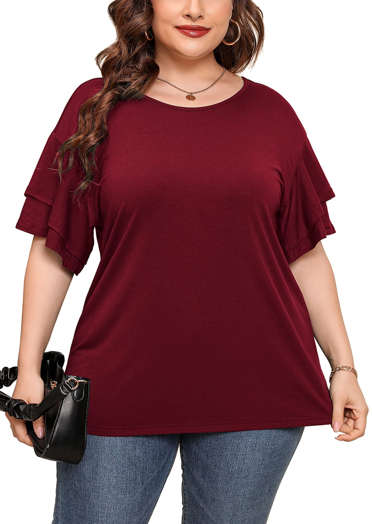 SHOWMALL Plus Size Tops for Women Short Sleeve Burgundy 3X Tunic Shirt