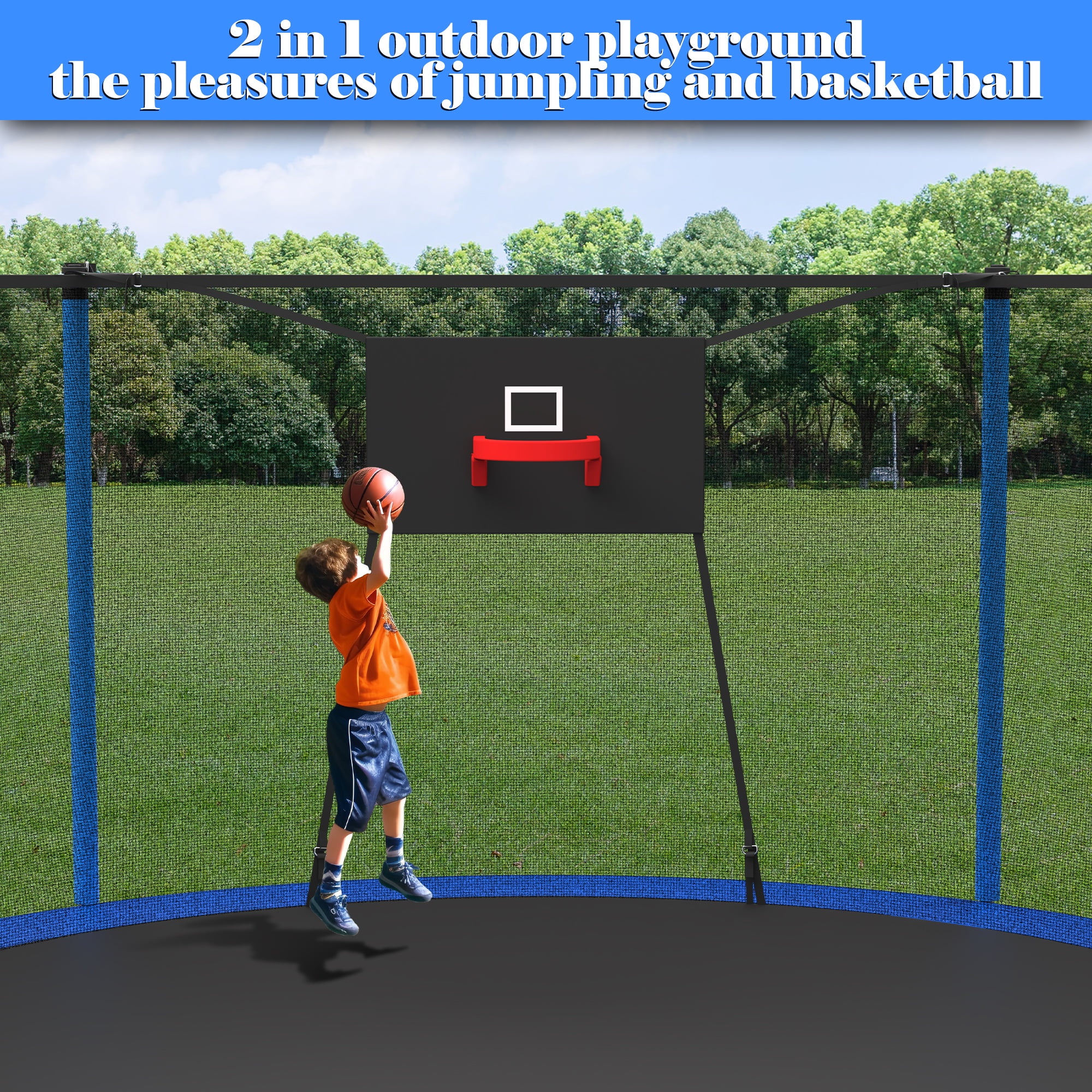 14ft Trampoline with Basketball hoop, SEGMART Upgraded Round Outdoor Kids Trampoline with Enclosure Net, Heavy Duty Backyard Trampoline, Recreational Trampoline for Adults Kids