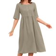 thumbnail image 2 of Jesvior Boho Cotton Linen Dresses for Women Pleated Solid Crew Neck Short Sleeve Button-Front Beach Dress with Pockets Flowy Trendy Midi Dress, 2 of 7