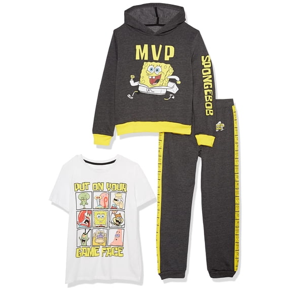 Nickelodeon Spongebob Squarepants Graphic Hoodie, T-Shirt, & Jogger Sweatpant, 3-Piece Athleisure Outfit Bundle Set-Boys 4-20