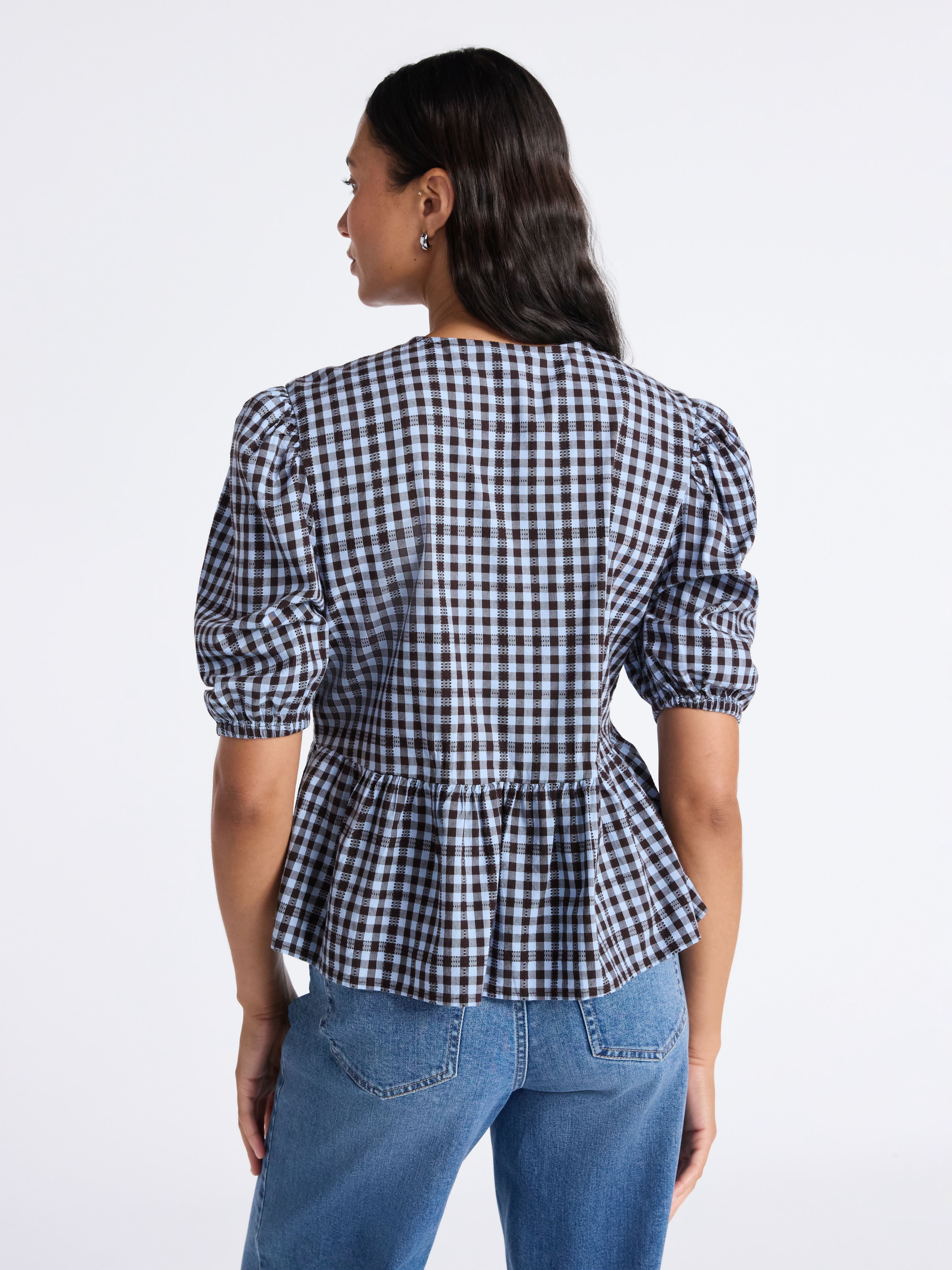Time and Tru Women's Tie Front Peplum Top with Short Puff Sleeves, Size XS – XXXL
