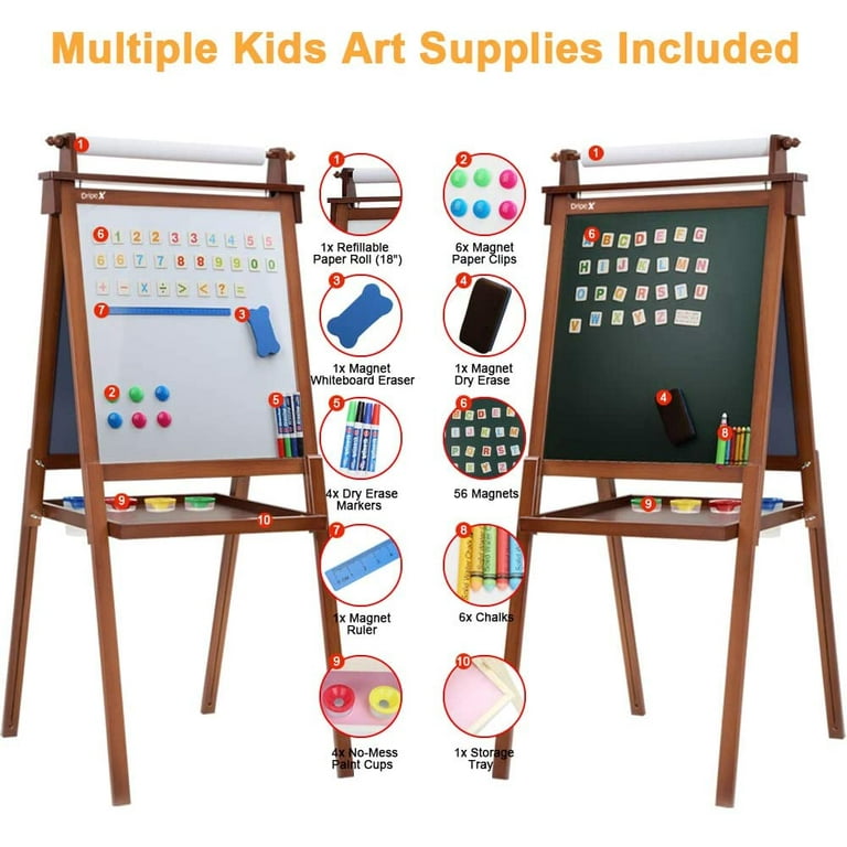 Dripex Kid's Wooden Art Easel, Double-Sided Height Adjustable
