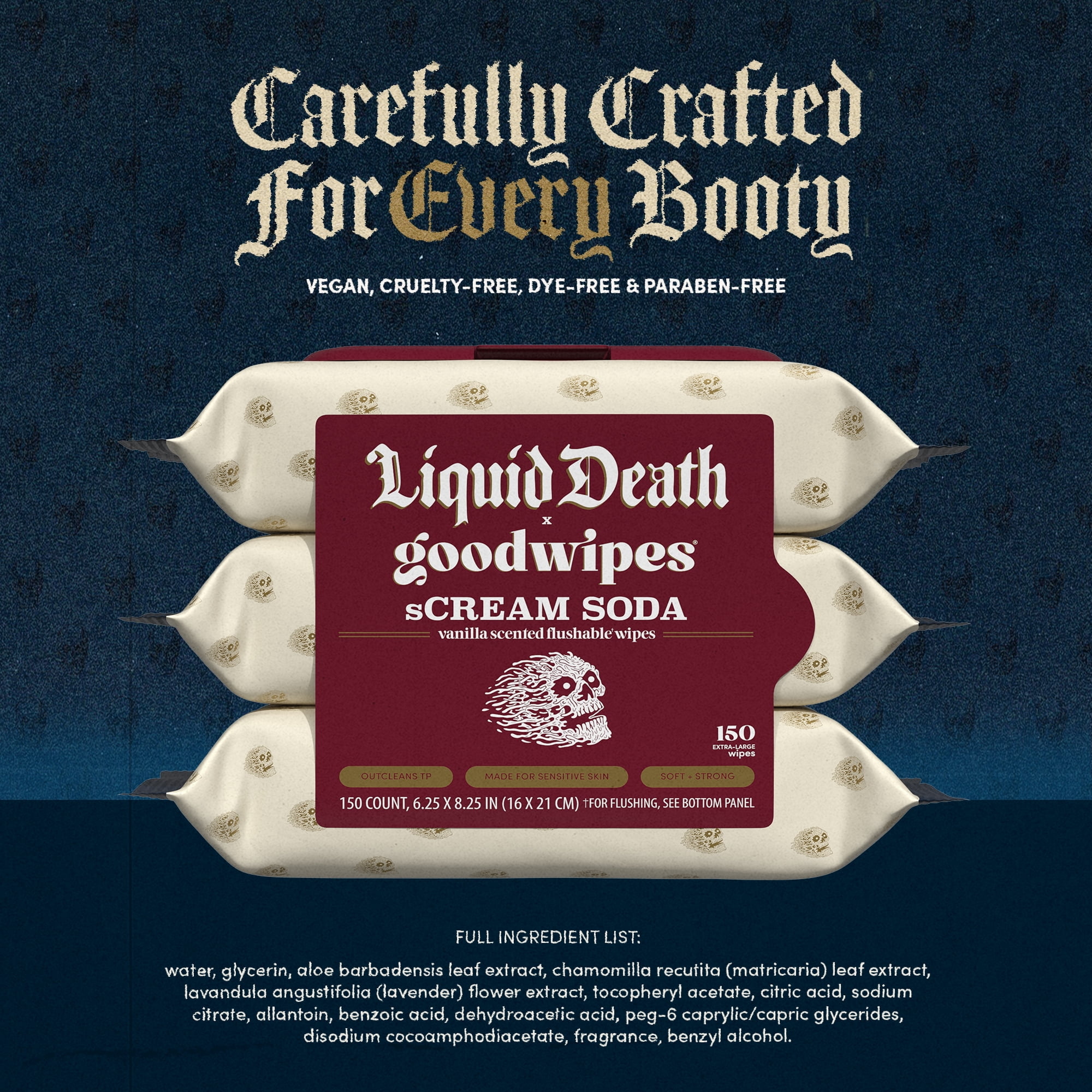 goodwipes Flushable Butt Wipes, Liquid Death sCream Soda Scented, 3 Pack, 150 Total XL Wipes