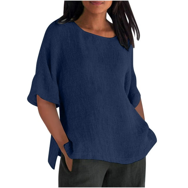 Besolor Cotton Linen Tops for Women 2024 Half Sleeve Crewneck Solid Color Plus Size Shirts Loose Basic Tees Outfits