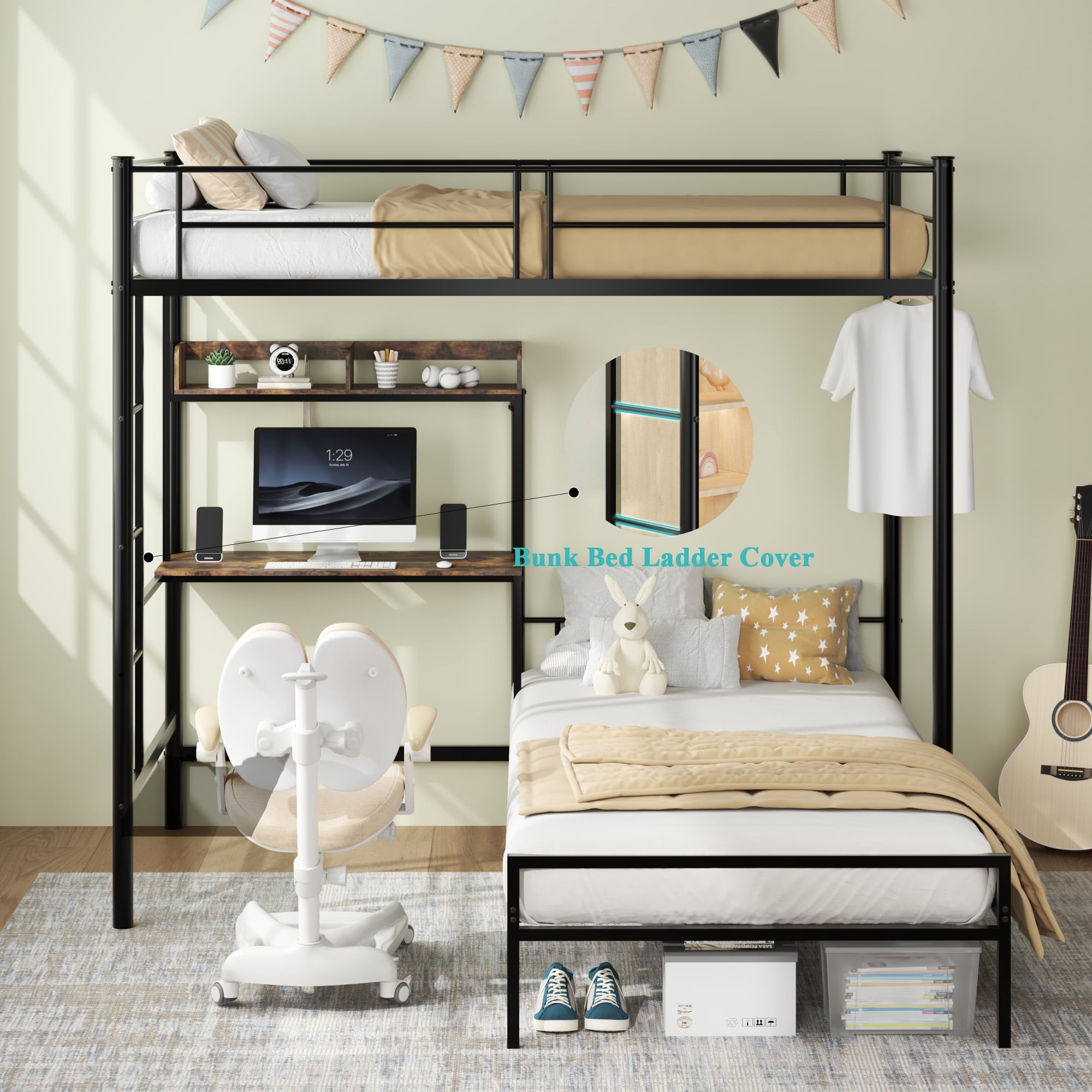 Gewnee Twin Over Twin Szie Metal Bunk Bed with Built-in Desk, Charging Station,Storage Shelves & Bookcase,Space-Saving for Teen,Dorm,Guest Room,No Box Spring Needed.Black