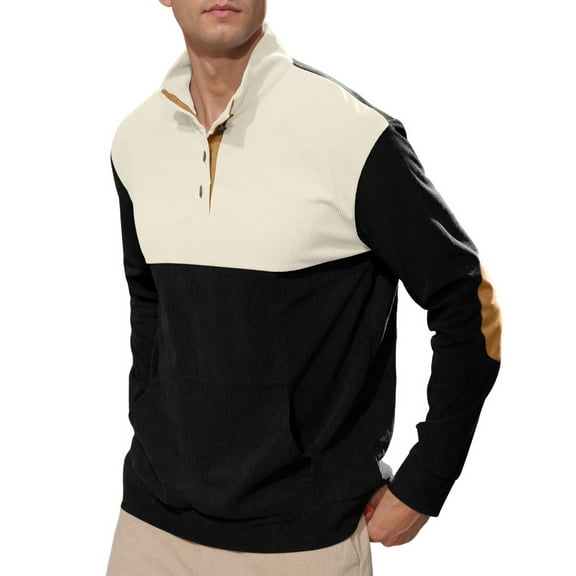 APTRO Men's Corduroy Elbow Pad Sweatshirt Casual Long Sleeve Stand Collar Button Pullover Sweatshirts with Pockets Black&White XL