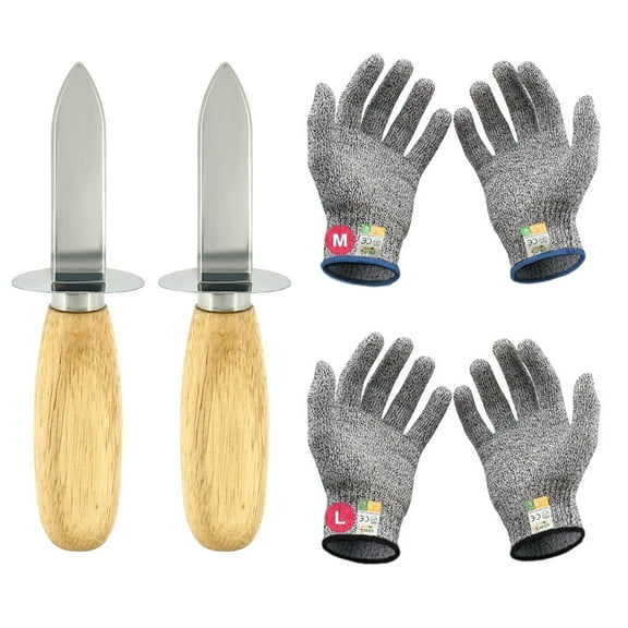 VASDEV Oyster Shucking Knife Set of 2 Stainless Steel Oyster Knifes and 2 Pairs Level 5 Cut-Resistant Gloves，Oyster Knives Suitable for All Kinds of Shells and Oysters Shucking，Kitchen tool